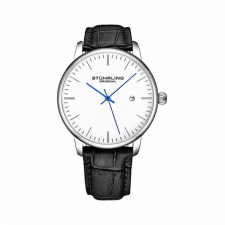 Essential Accessories - Stuhrling Original Mens Black Watch Calfskin Leather Strap - Classic Dress Wrist Watch Black