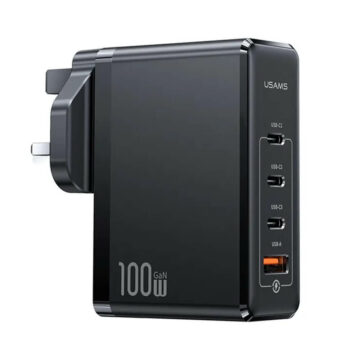 USAMS US-CC166 T51 100W 4 Ports GaN Fast Charger 1 USB-A + 3 Type-C Power Adapter, UK Plug